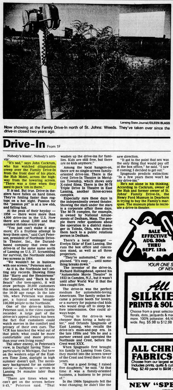 Hub Motel - Aug 30 1987 Article On Closing Of Drive-Ins